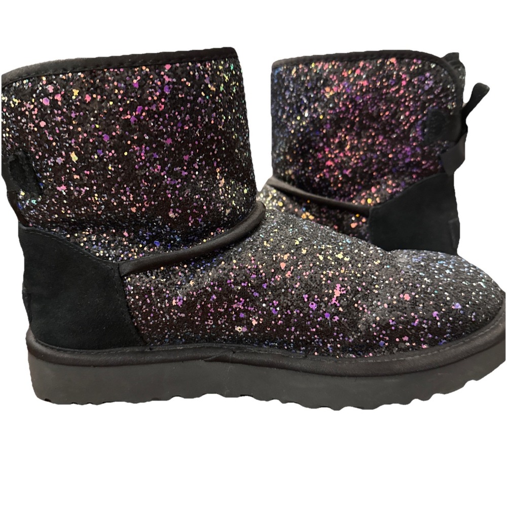 UGG Classic Mini Bow Cosmos Bootie  US Size 6 Black Glitter Boots EU 37 EUC